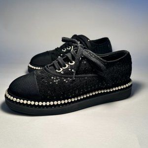 CHANEL Sequin Pearl Tweed Sneakers 6.5/37